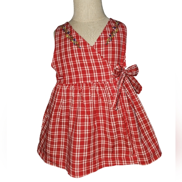 OshKosh B'gosh Other - Vintage OshKosh B’gosh Red Gingham Plaid Wrap Dress Embroidered USA Sz 2T